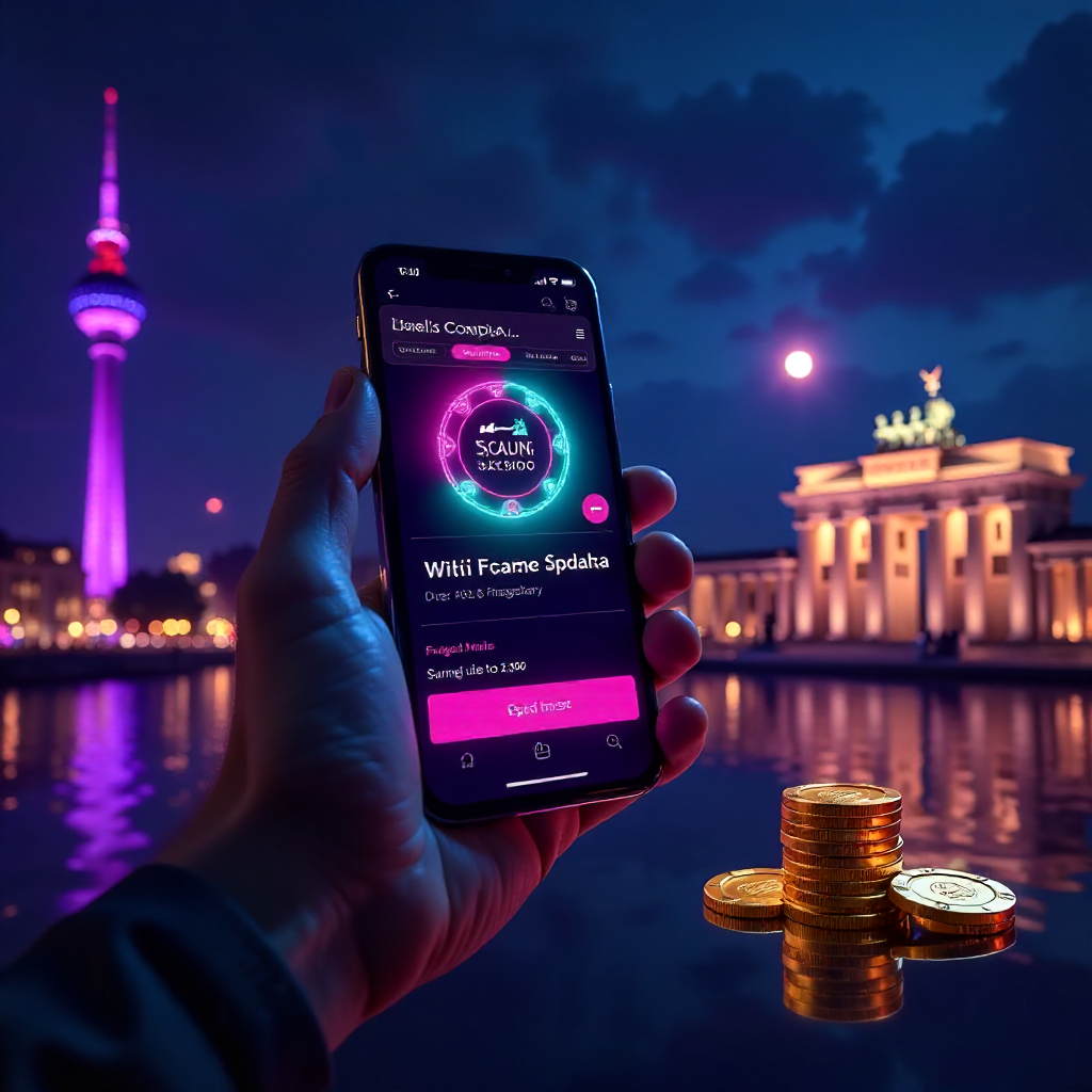 A hand holding a sleek futuristic smartphone displaying the official Solana Casino Germany app with a vibrant purple and cyan interface, background is the Berlin skyline with the Brandenburg Gate and TV Tower at night, 3D Solana logo coins and golden poke